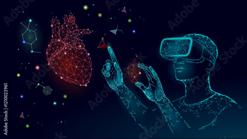 VR headset holographic projection virtual reality glasses. Futuristic medicine heart health analysis laboratory remote doctor online vector illustration
