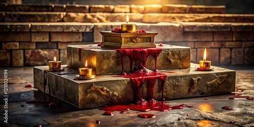 Ancient ritual sacrifice with gold and blood on a stone altar , sacrifice rite, atmosphere,  sacrifice rite