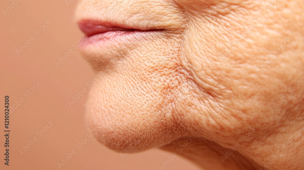 Obraz premium Close-up wrinkled senior woman's jawline, profile, peach background, skincare