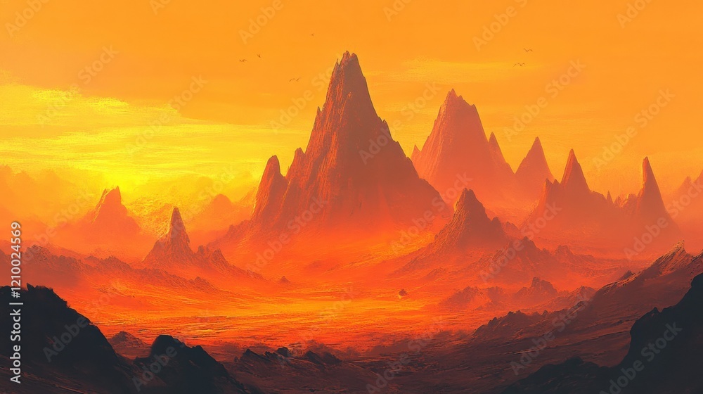 Fototapeta premium Mountain landscape with layers of peaks fading into the horizon under an orange sky