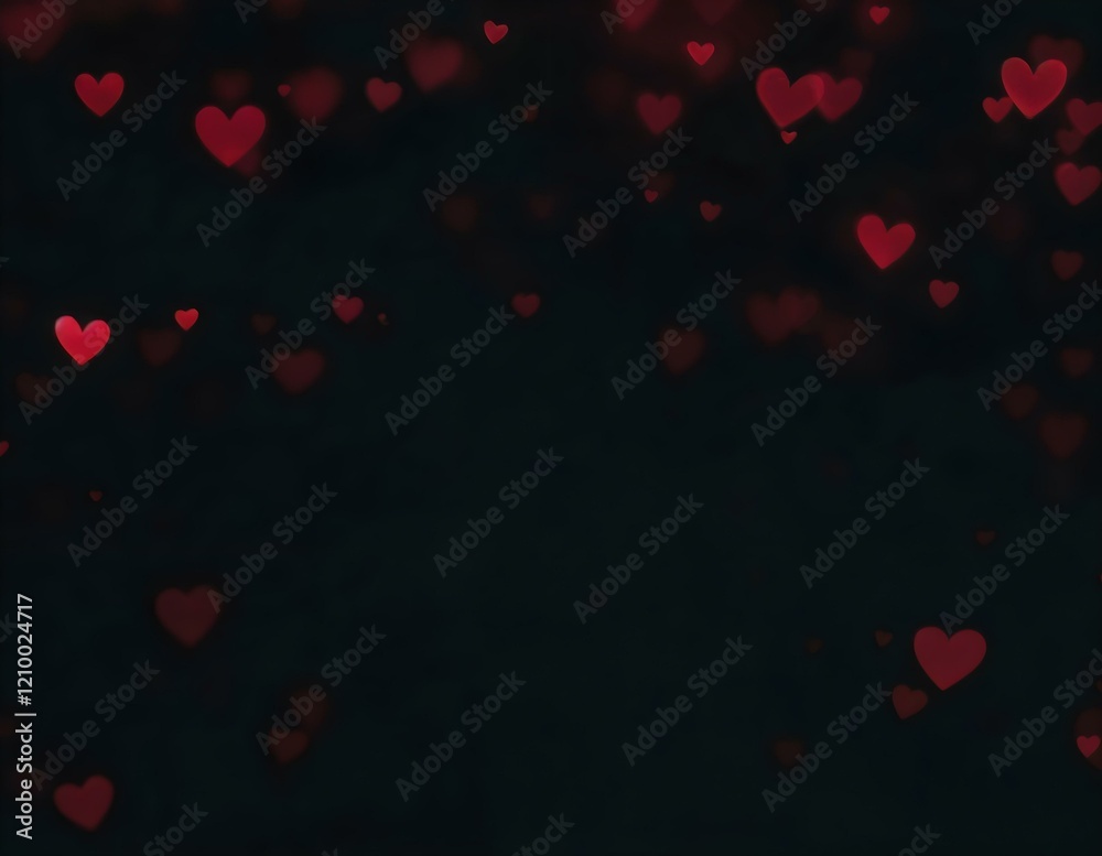 Floating red hearts with a soft bokeh effect on a dark black background, creating a romantic and mysterious Valentine's Day atmosphere. Horizontal composition. Floating red hearts with a soft bokeh effect on a dark black background, creating a romantic and mysterious Valentine's Day atmosphere. Horizontal composition.