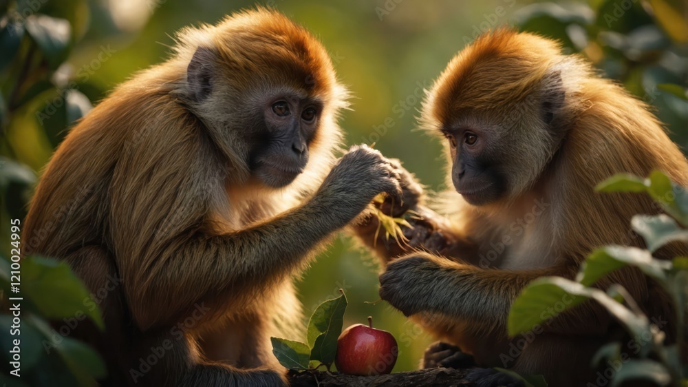 Obraz premium Two monkeys sharing food in a lush environment, showcasing their interaction and curiosity.