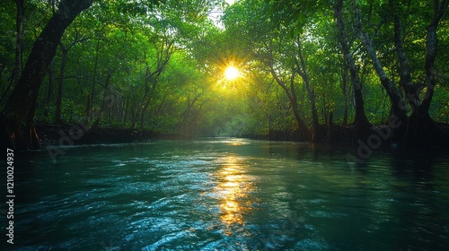 Sunlight streaming through the trees over a calm river creating a tranquil scene