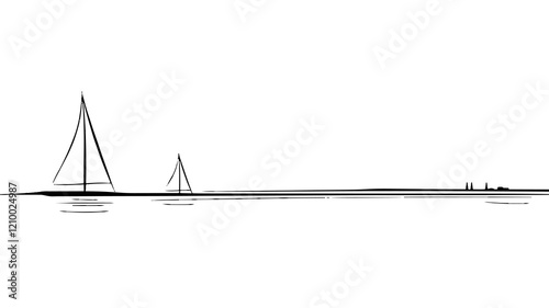 Single continuous one line art ocean travel vacation. Sea voyage holiday tropical island ship yacht luxury journey concept design sketch outline drawing vector illustration