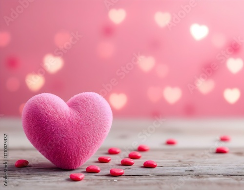 Soft pink heart with a textured surface on a rustic wooden table, surrounded by small red heart confetti and a dreamy bokeh background. Horizontal Valentine's Day scene