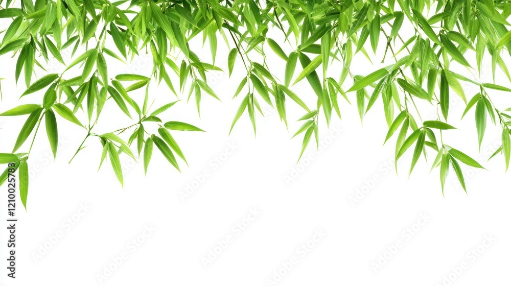 Obraz premium Lush green bamboo leaves border, studio shot, white background, design element