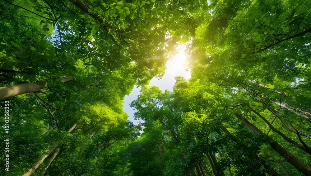 Fototapeta premium Sunlight Filtered Through Green Canopy, Forest Trees Nature Background