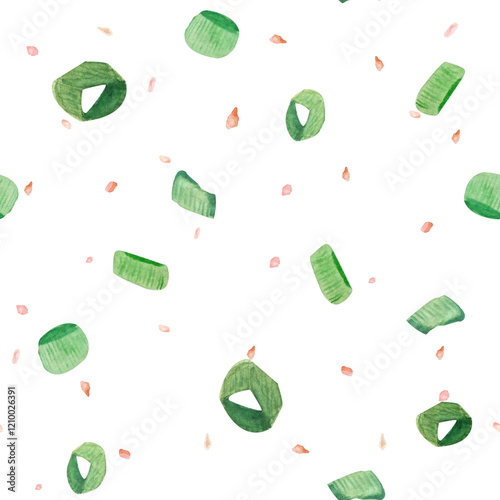Pink Himalayan salt and chives watercolor seamless pattern isolated on white background, hand drawn for food design. Spice box, wrapping paper, restaurant menu, packaging, food ads decor and design