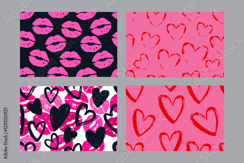 Valentine's Day set of patterns, trendy minimalistic seamless pattern design 
