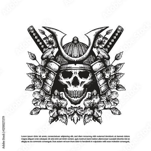 Detailed Japanese samurai skeleton ninja with katana and flowers vector illustration