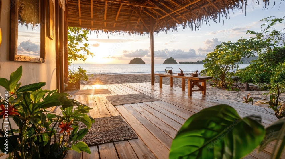 Fototapeta premium Scenic Tropical Wooden Hut Terrace overlooking Sunset Ocean Landscape