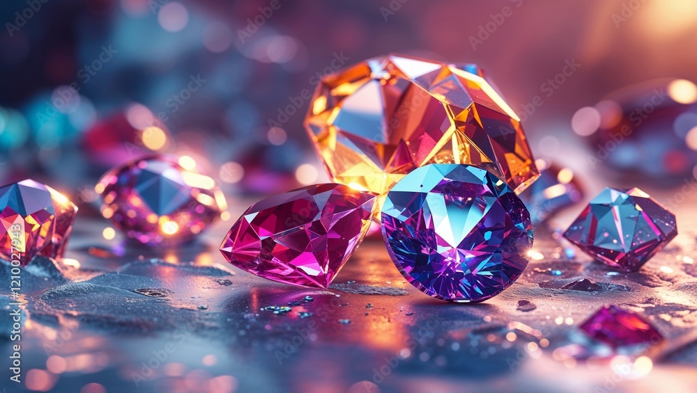 Colorful Gemstones on Textured Reflective Surface with Light Bokeh in Background Colorful Gemstones on Textured Reflective Surface with Light Bokeh in Background