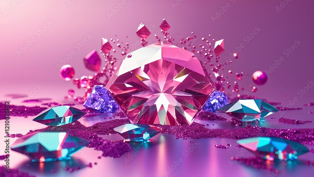 Pink Gemstones and Crystals with Glitter and Reflection on Gradient Pink Backdrop Pink Gemstones and Crystals with Glitter and Reflection on Gradient Pink Backdrop