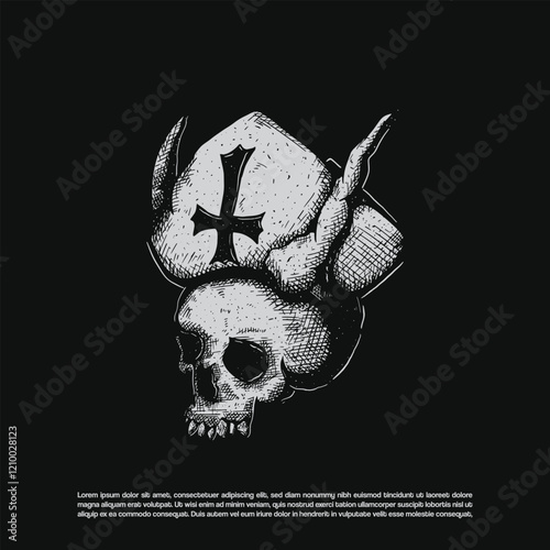 Skull hat wearing mitre hat vector, Devil priest or antichrist dark art vector