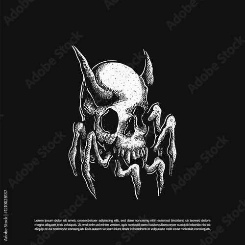 Spider skull dark art vector, Spider with horned skull illustration