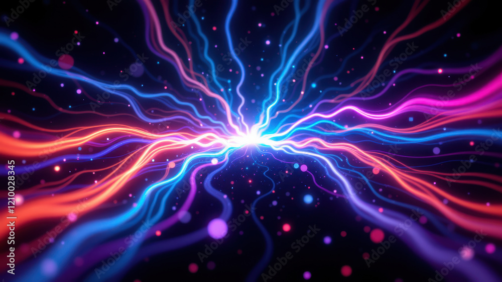 Naklejka premium A mesmerizing digital art piece featuring an AI-inspired tunnel of light with vibrant hues and cosmic particles.