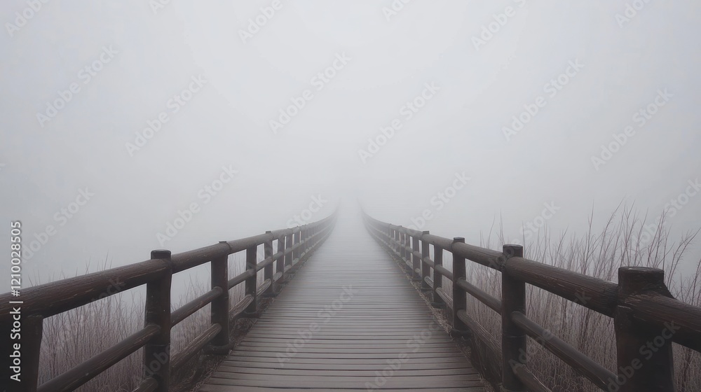 Fototapeta premium Foggy boardwalk path disappearing into mist, reeds in background, tranquil scene