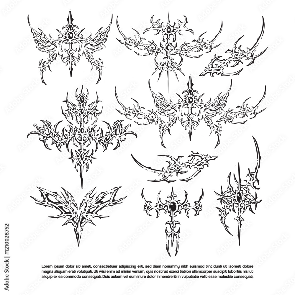 Hand drawn neo tribal tattoo. Y2k gothic cyber pattern tattoo design collection Hand drawn neo tribal tattoo. Y2k gothic cyber pattern tattoo design collection