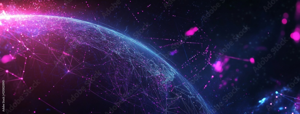 Obraz premium Abstract global network concept with a planet Earth made of glowing particles and lines on a dark blue background 