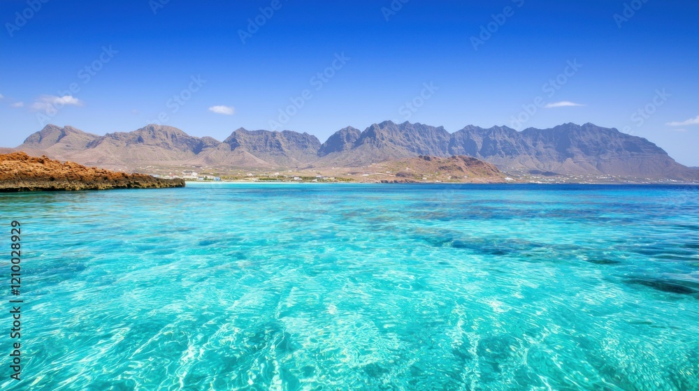 Fototapeta premium Tranquil Turquoise Ocean with Mountain View