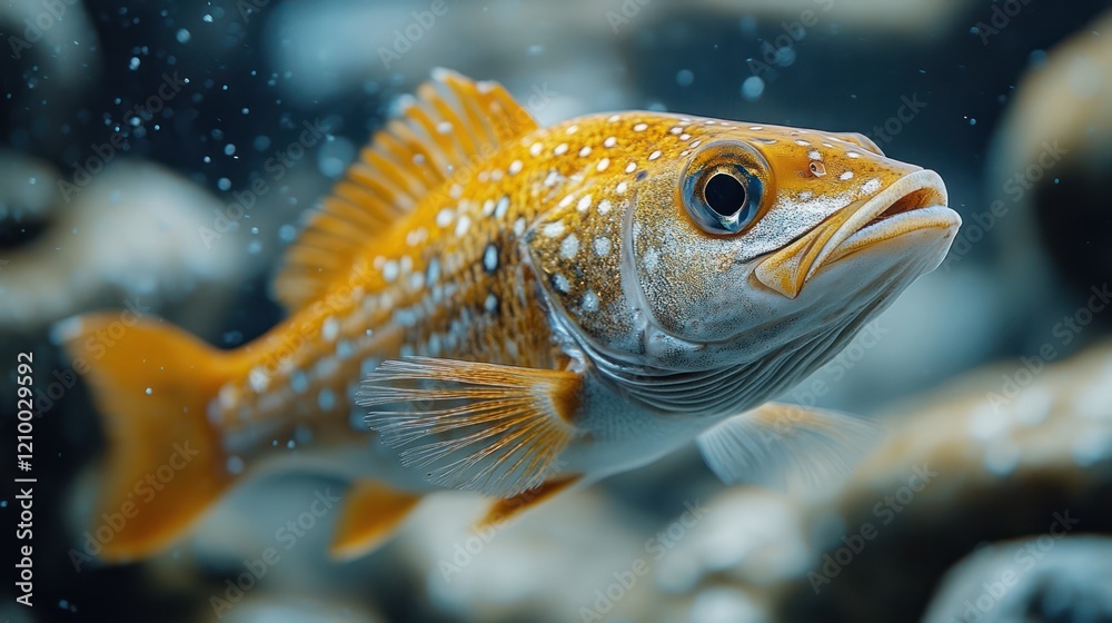 Fototapeta premium Close-up view of a yellow fish with white spots and visible blue eye in an underwater environment