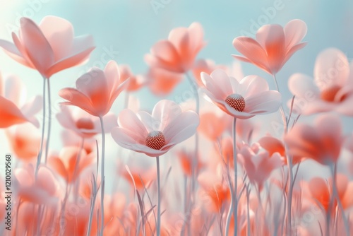 dreamy 3d pink flowers in a soft pastel field background greeting card wedding invitation romantic artwork