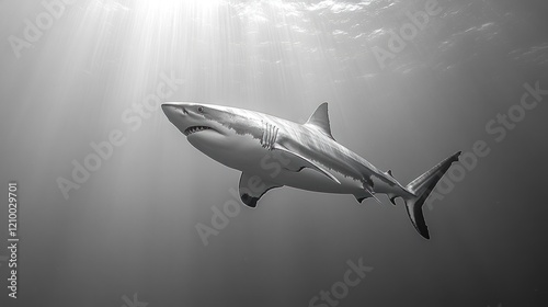Wallpaper Mural Oceanic great white shark, sunlit water, marine wildlife, underwater photography, conservation Torontodigital.ca