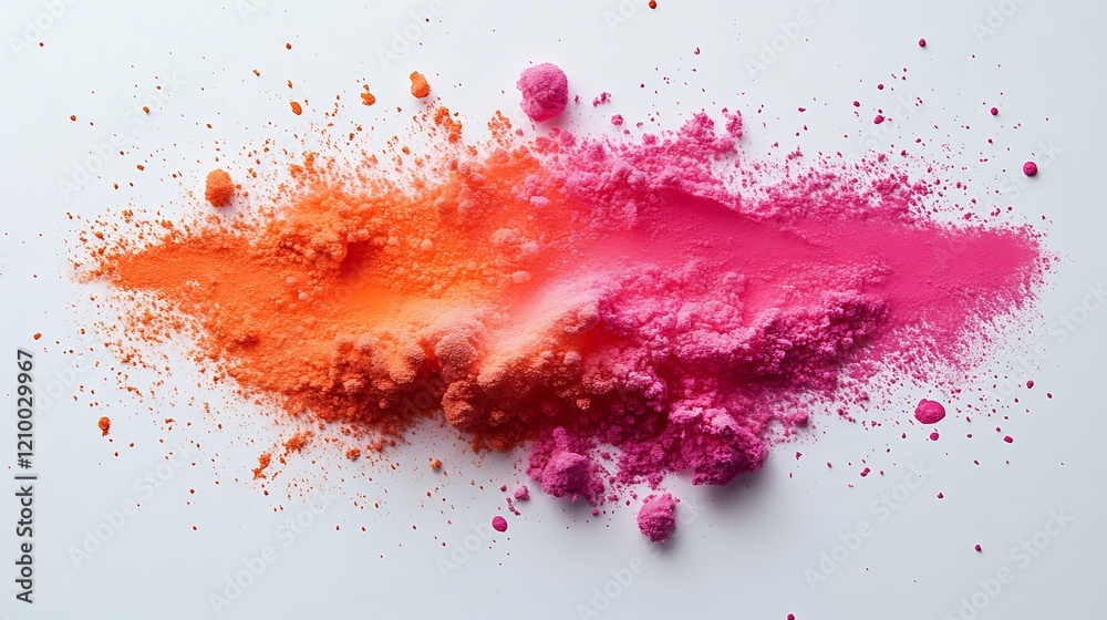 Abstract Burst of Color: A dynamic explosion of vibrant orange and pink powder paints a vivid abstract pattern against a minimalist backdrop. Abstract Burst of Color: A dynamic explosion of vibrant orange and pink powder paints a vivid abstract pattern against a minimalist backdrop.