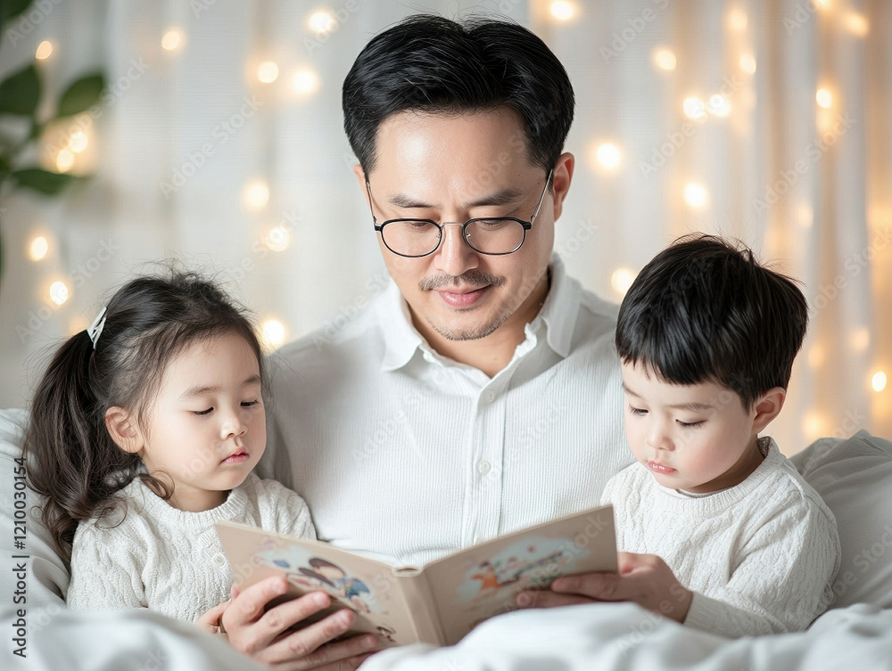 father reading storybook to his children in cozy setting, surrounded by soft lights. scene captures warmth, love, and family bonding father reading storybook to his children in cozy setting, surrounded by soft lights. scene captures warmth, love, and family bonding