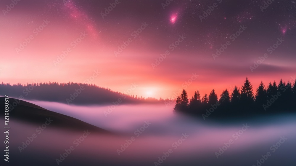 Fototapeta premium Majestic Misty Forest Sunset Landscape with Glowing Sky and Silhouetted Trees
