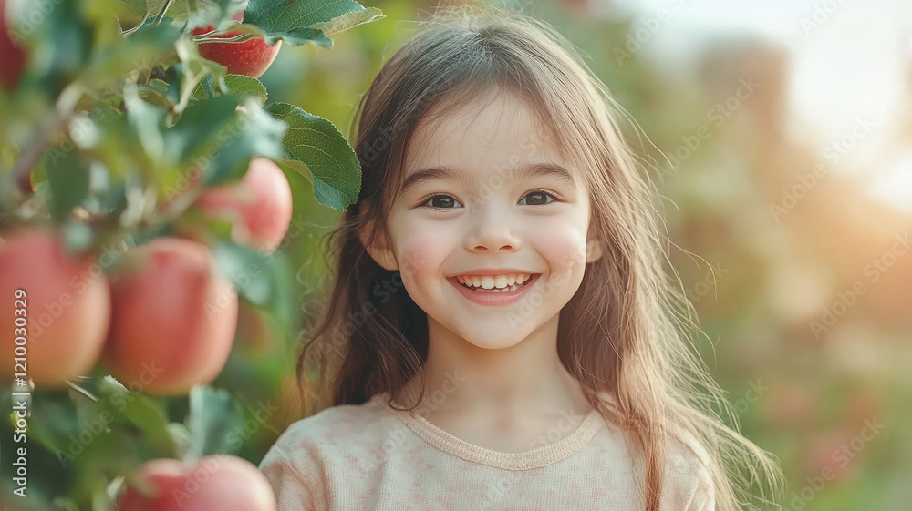cheerful girl smiling in apple orchard, surrounded by ripe apples. warm sunlight enhances joyful atmosphere of scene cheerful girl smiling in apple orchard, surrounded by ripe apples. warm sunlight enhances joyful atmosphere of scene