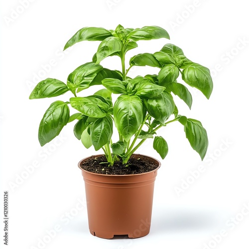Fresh basil plant with vibrant green leaves in a pot.