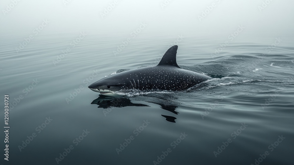 Fototapeta premium Whale shark swims foggy ocean; wildlife documentary