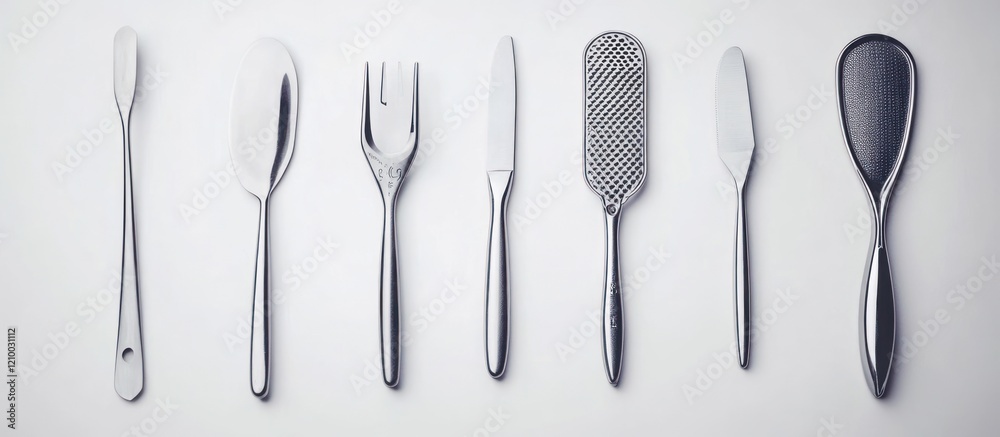 Silverware, kitchen tools, flatlay, white background, cooking Silverware, kitchen tools, flatlay, white background, cooking