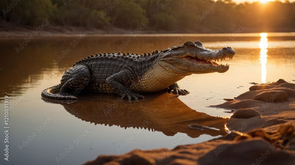 Obraz premium A crocodile resting by the riverbank at sunset, showcasing its natural habitat.