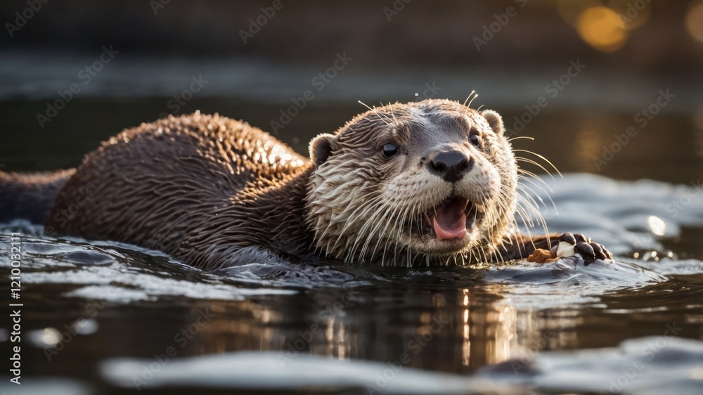 A playful otter swimming in a tranquil water setting, showcasing its playful nature. A playful otter swimming in a tranquil water setting, showcasing its playful nature.