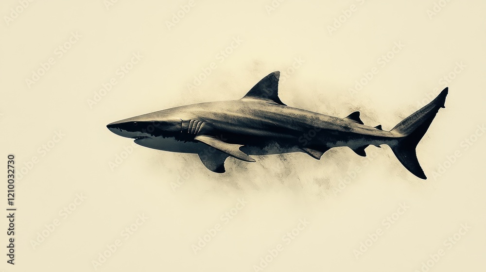 Fototapeta premium Shark ocean swimming underwater sepia wildlife poster