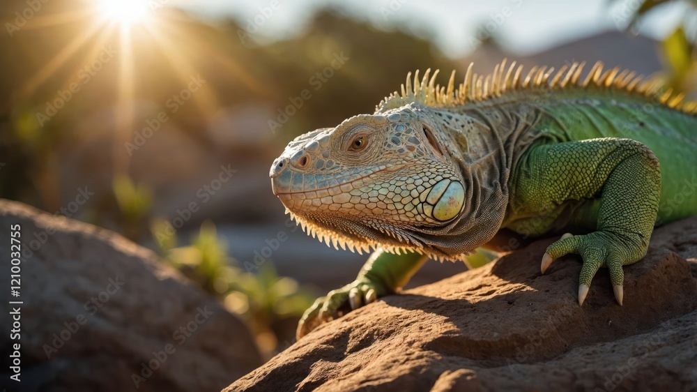 Fototapeta premium A close-up of a green iguana basking on a rock with sunlight in the background.