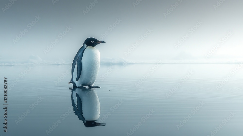 Fototapeta premium Antarctic penguin wading, icebergs background, calm waters, wildlife documentary