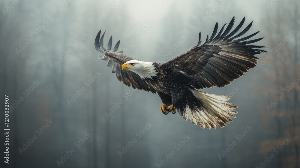 Fototapeta premium Majestic bald eagle soaring through foggy forest