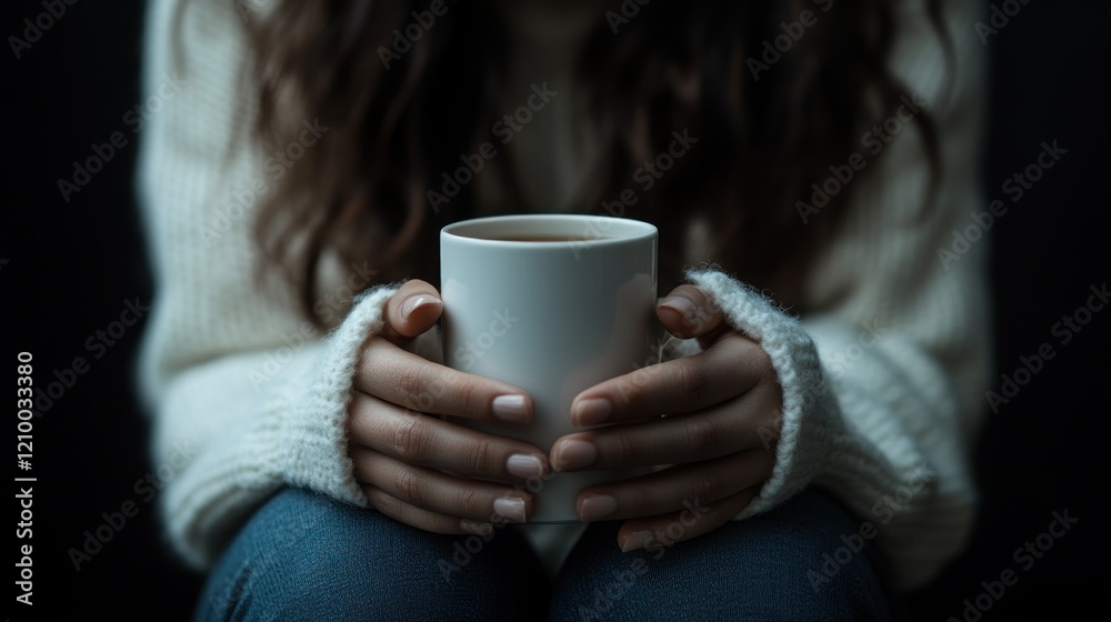Woman holding warm drink, dark background, cozy comfort, winter mood, blog post Woman holding warm drink, dark background, cozy comfort, winter mood, blog post