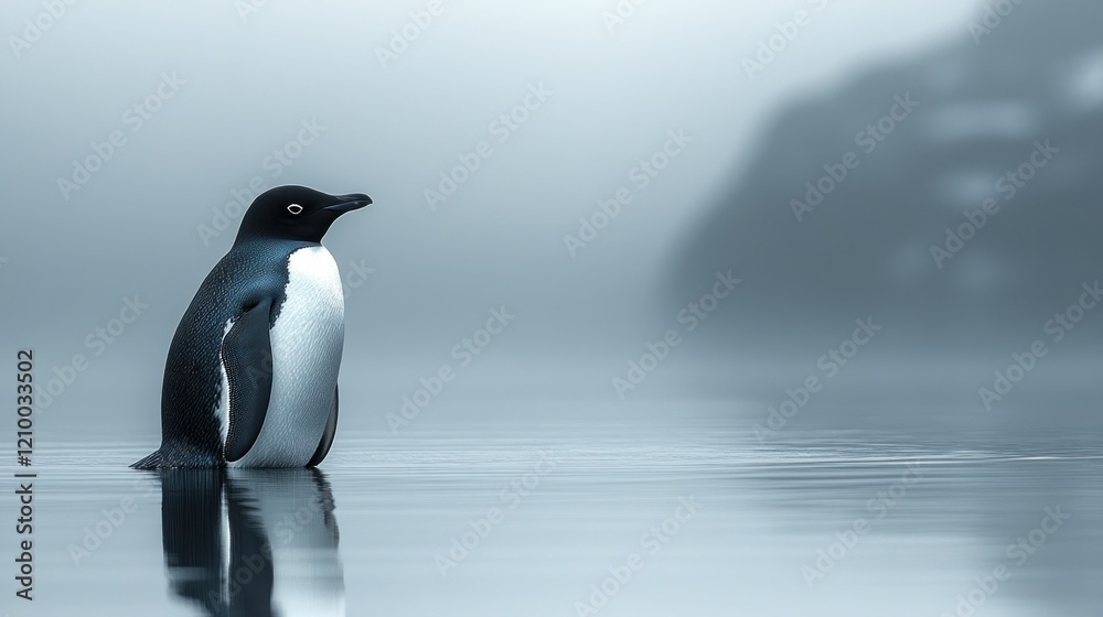 Fototapeta premium Antarctic penguin wading misty waters, iceberg background, wildlife documentary