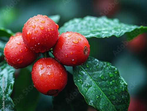 Freshly harvested red coffee cherries on a branch with water droplets glistening on the surface photo