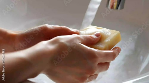 Wallpaper Mural Hands washing under faucet, lathering with soap, close-up of hands under running water stream in kitchen sink. Torontodigital.ca