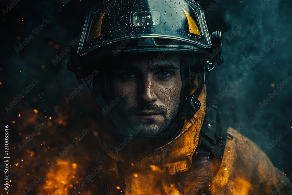 Generative AI Depiction of a Brave Firefighter Battling Intense Flames and Smoke with Determination and Courage Generative AI Depiction of a Brave Firefighter Battling Intense Flames and Smoke with Determination and Courage