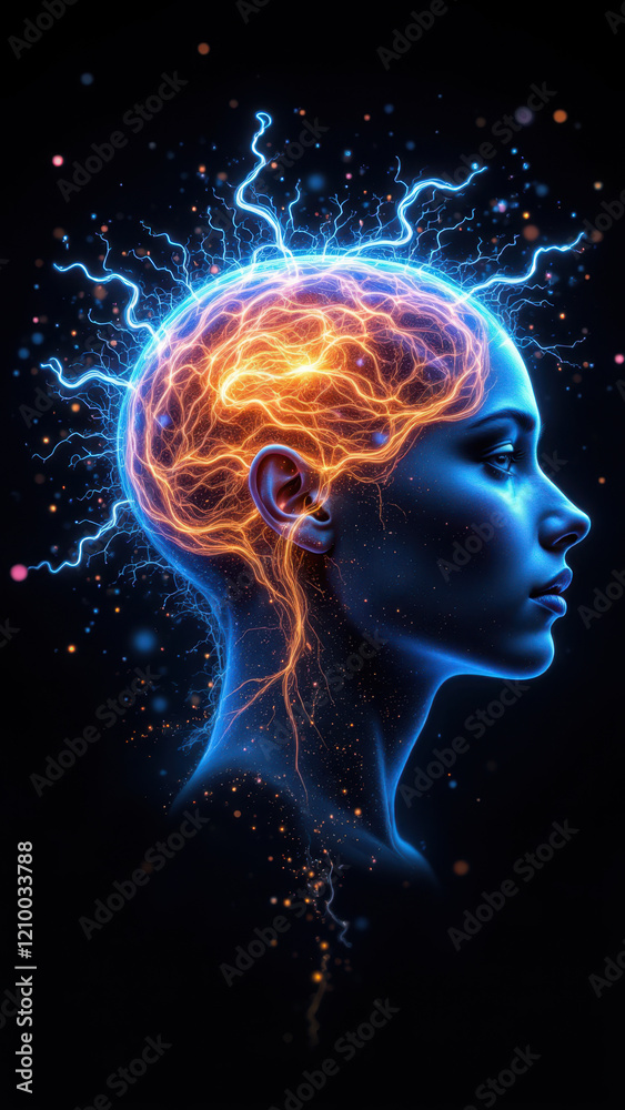 The image depicts a human head with vibrant colors emanating from within, including electric blue and orange hues, symbolizing artificial intelligence and technology. The image depicts a human head with vibrant colors emanating from within, including electric blue and orange hues, symbolizing artificial intelligence and technology.