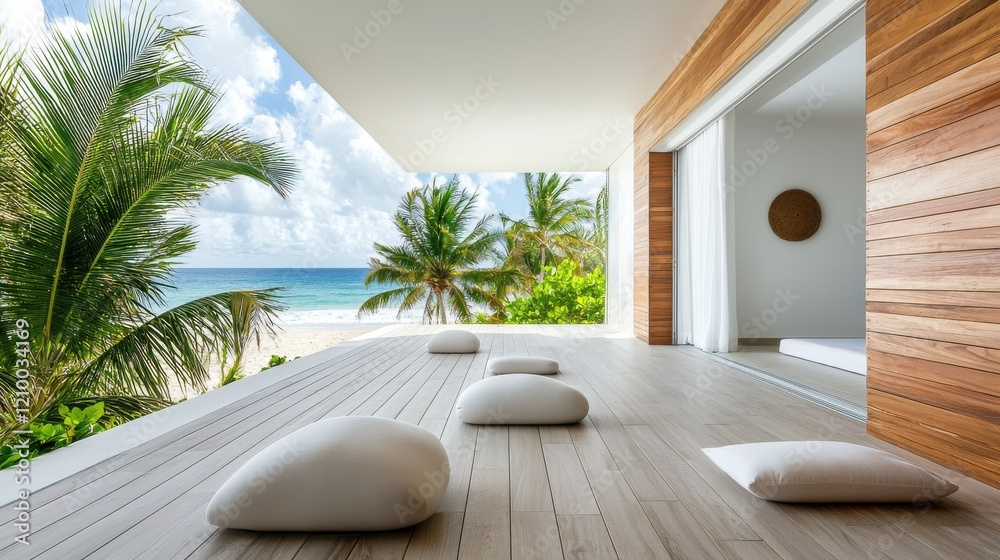 Fototapeta premium Luxurious Beachfront Retreat with Minimalist Design and Tropical Paradise Views
