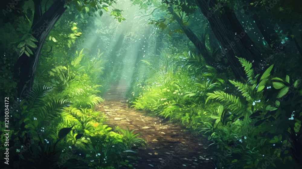 Fototapeta premium Nature background with a forest trail surrounded by dense greenery and soft sunlight filtering through