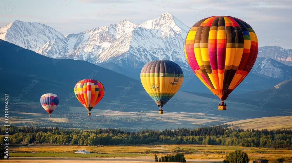 Obraz premium Colorful Hot Air Balloons Soaring Over Majestic Mountain Landscape in Autumn Season
