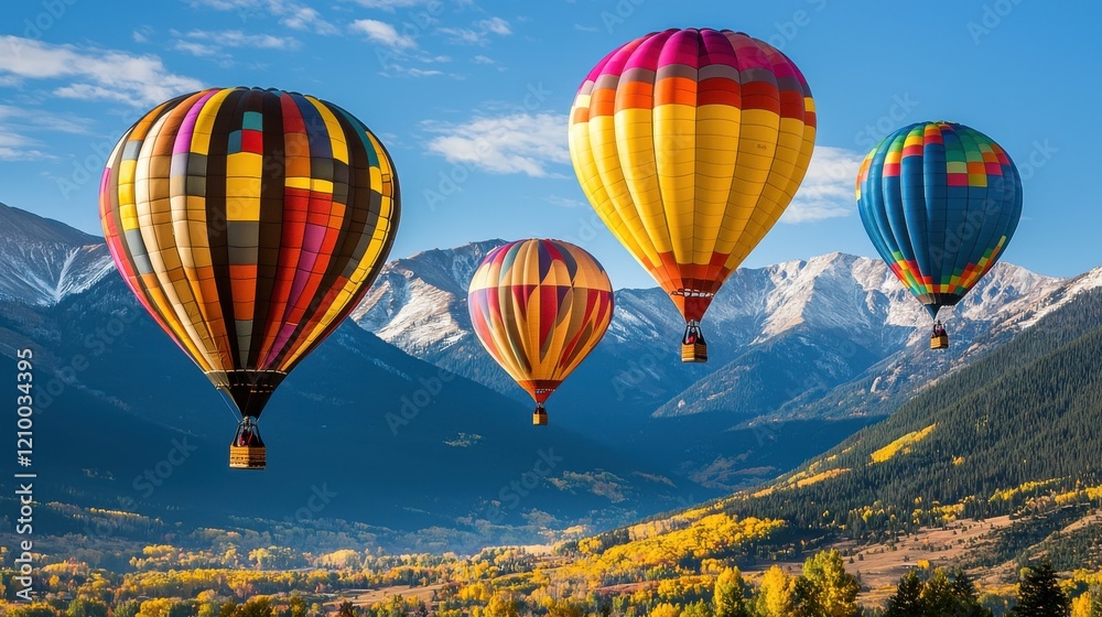 Fototapeta premium Colorful Hot Air Balloons Soaring Over Scenic Mountain Landscape in Autumn